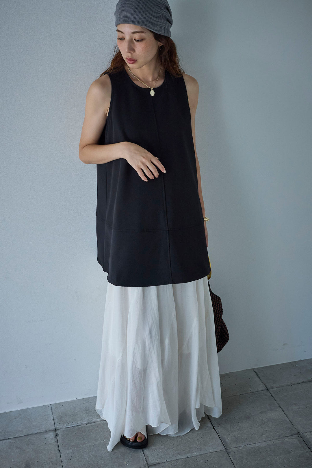 [予約/SET]ノースリーブチュニック+リネン混シアーフレアスカート(2set)