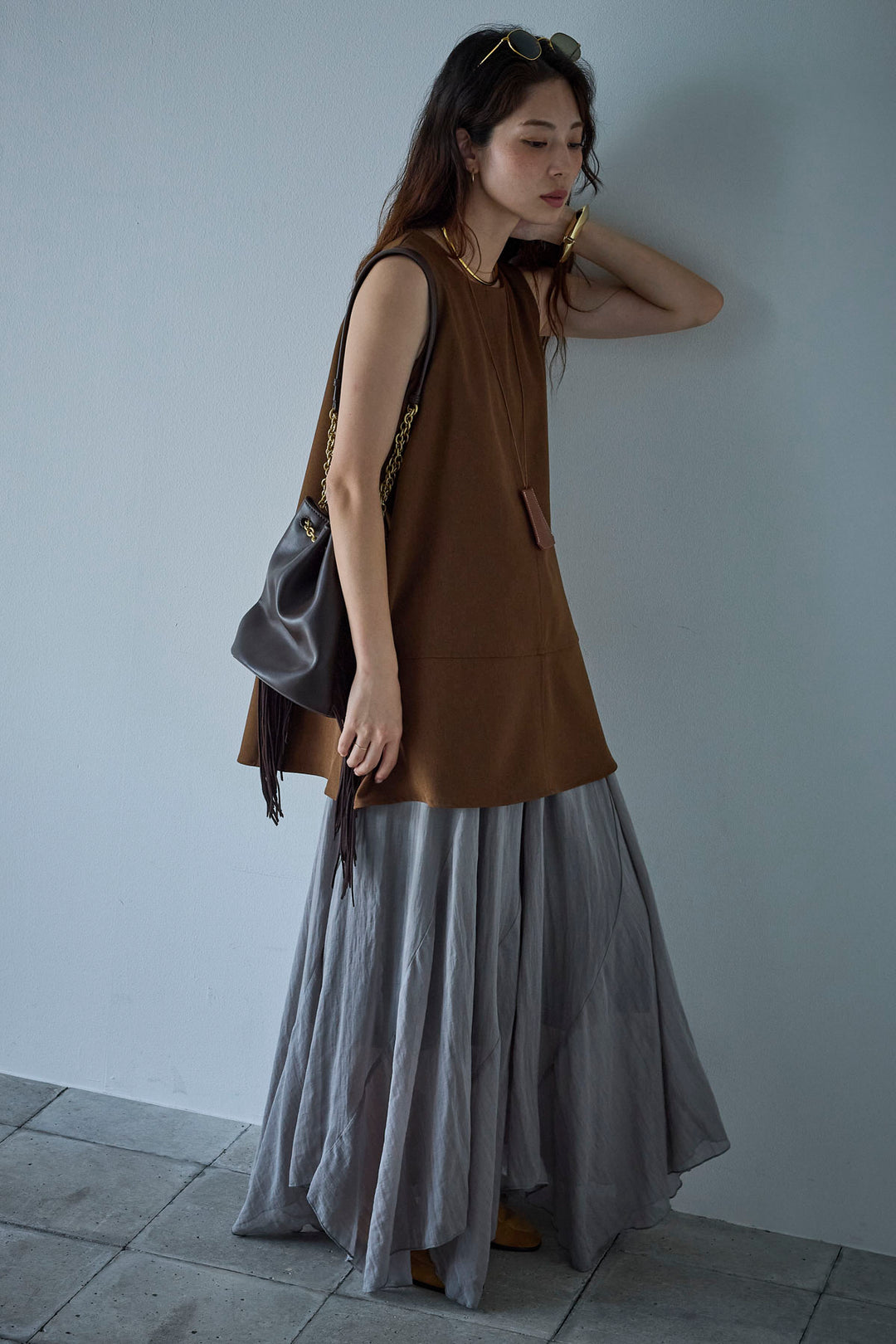 [予約/SET]ノースリーブチュニック+リネン混シアーフレアスカート(2set)