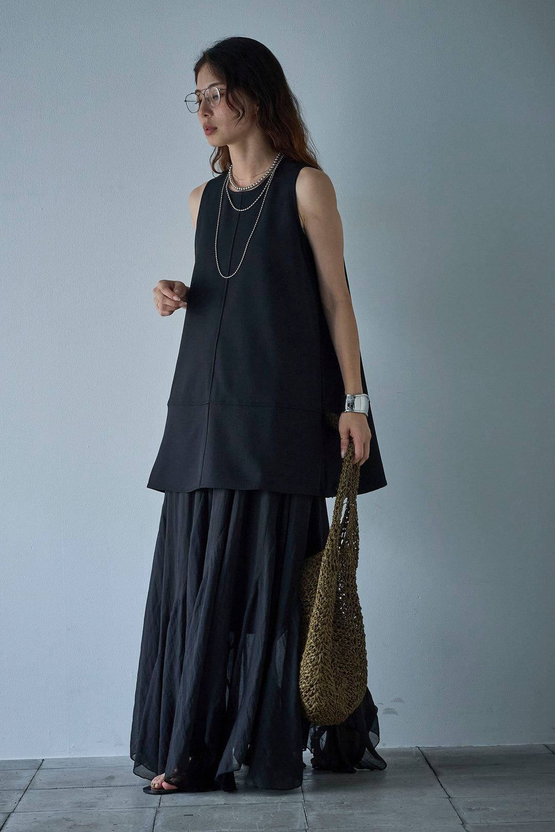 [予約/SET]ノースリーブチュニック+リネン混シアーフレアスカート(2set)