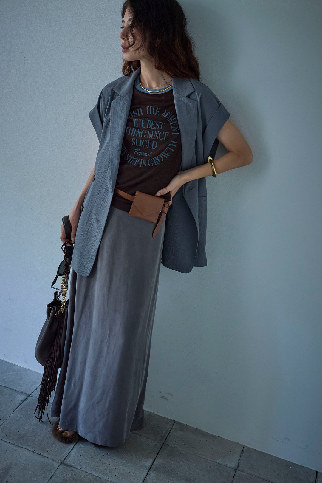 [予約/SET]クレープノースリーブダブルジレ+とろみ切り替えナロースカート(2set)