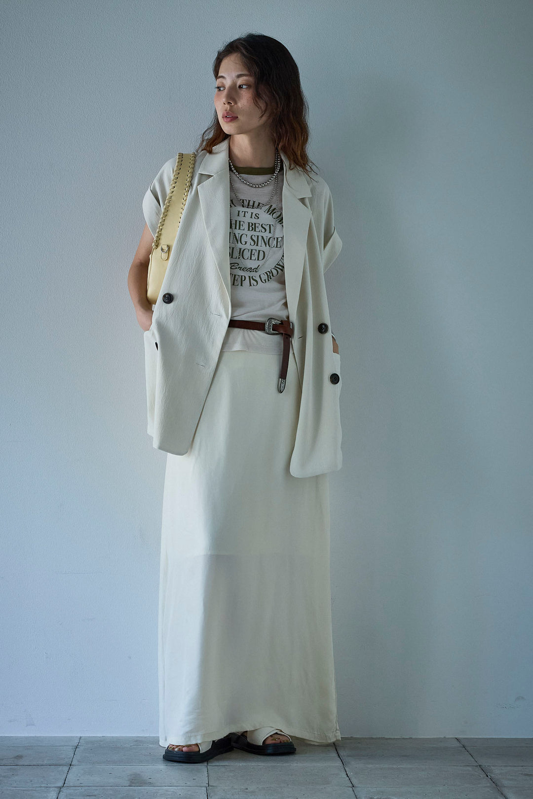 [予約/SET]クレープノースリーブダブルジレ+とろみ切り替えナロースカート(2set)