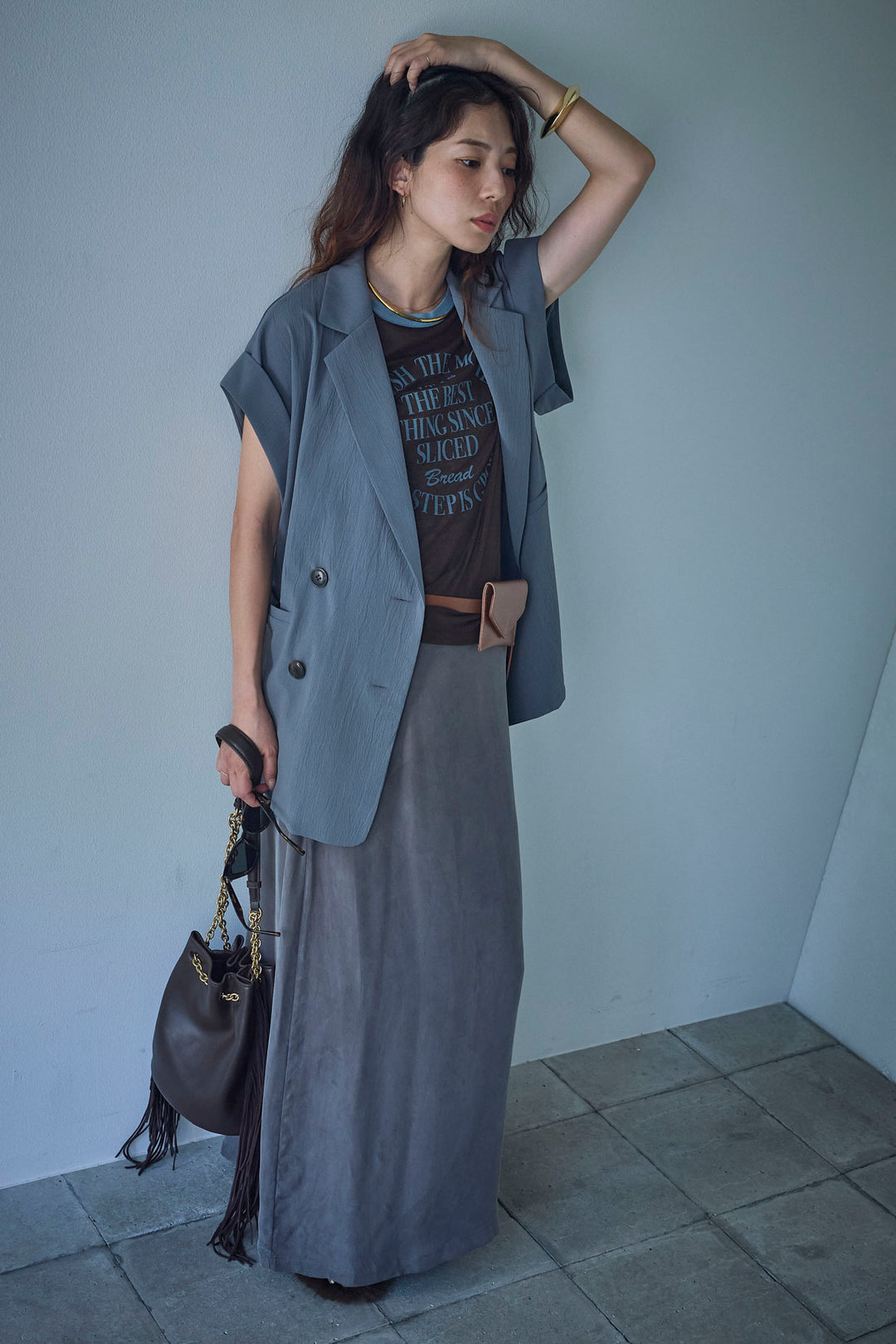 [予約/SET]クレープノースリーブダブルジレ+とろみ切り替えナロースカート(2set)