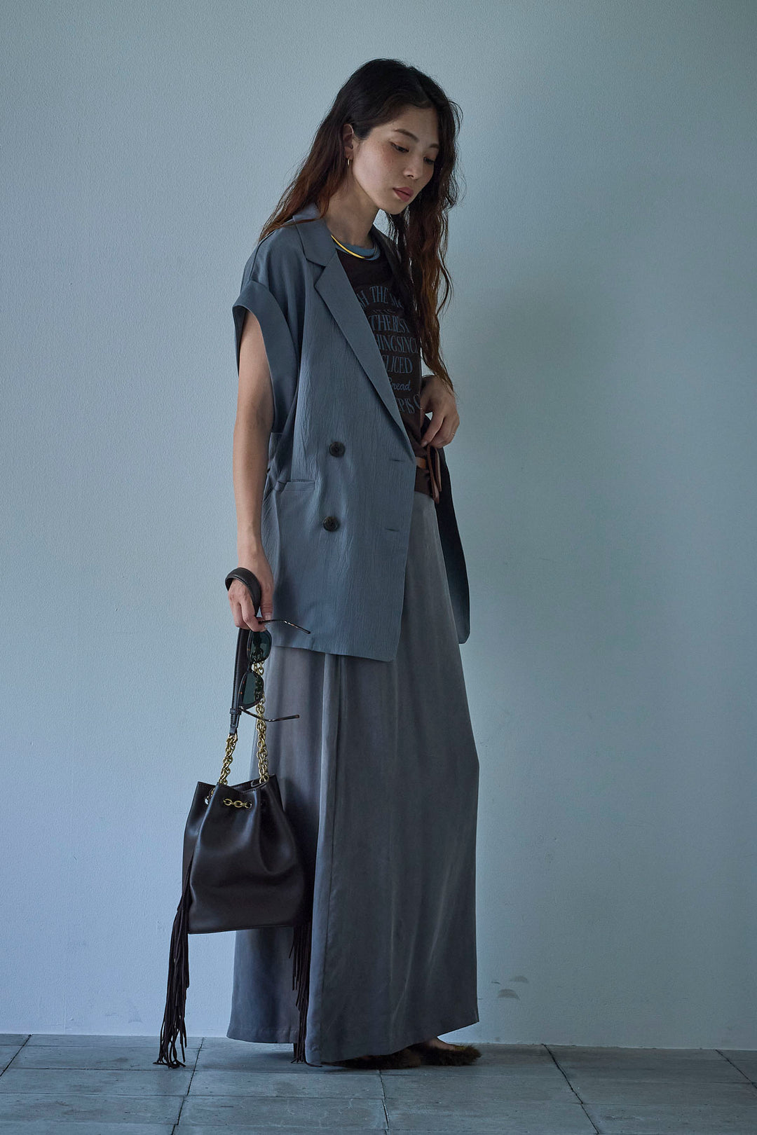 [予約/SET]クレープノースリーブダブルジレ+とろみ切り替えナロースカート(2set)