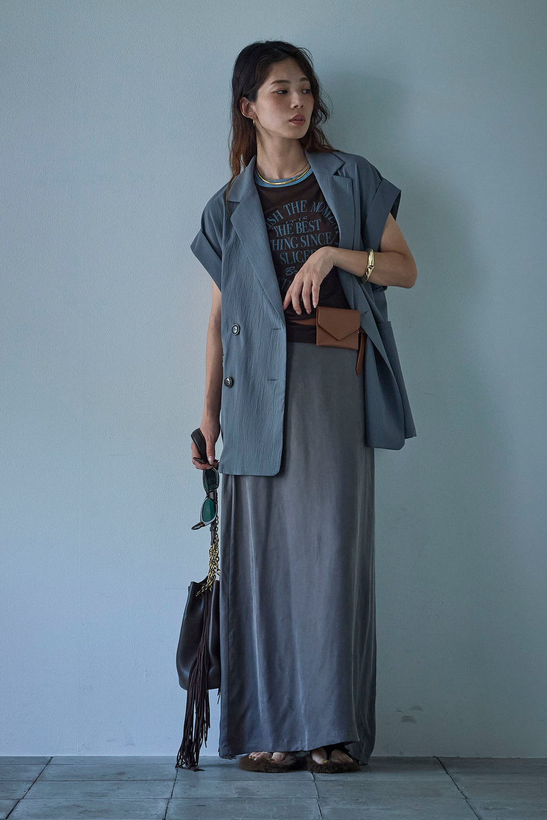 [予約/SET]クレープノースリーブダブルジレ+とろみ切り替えナロースカート(2set)