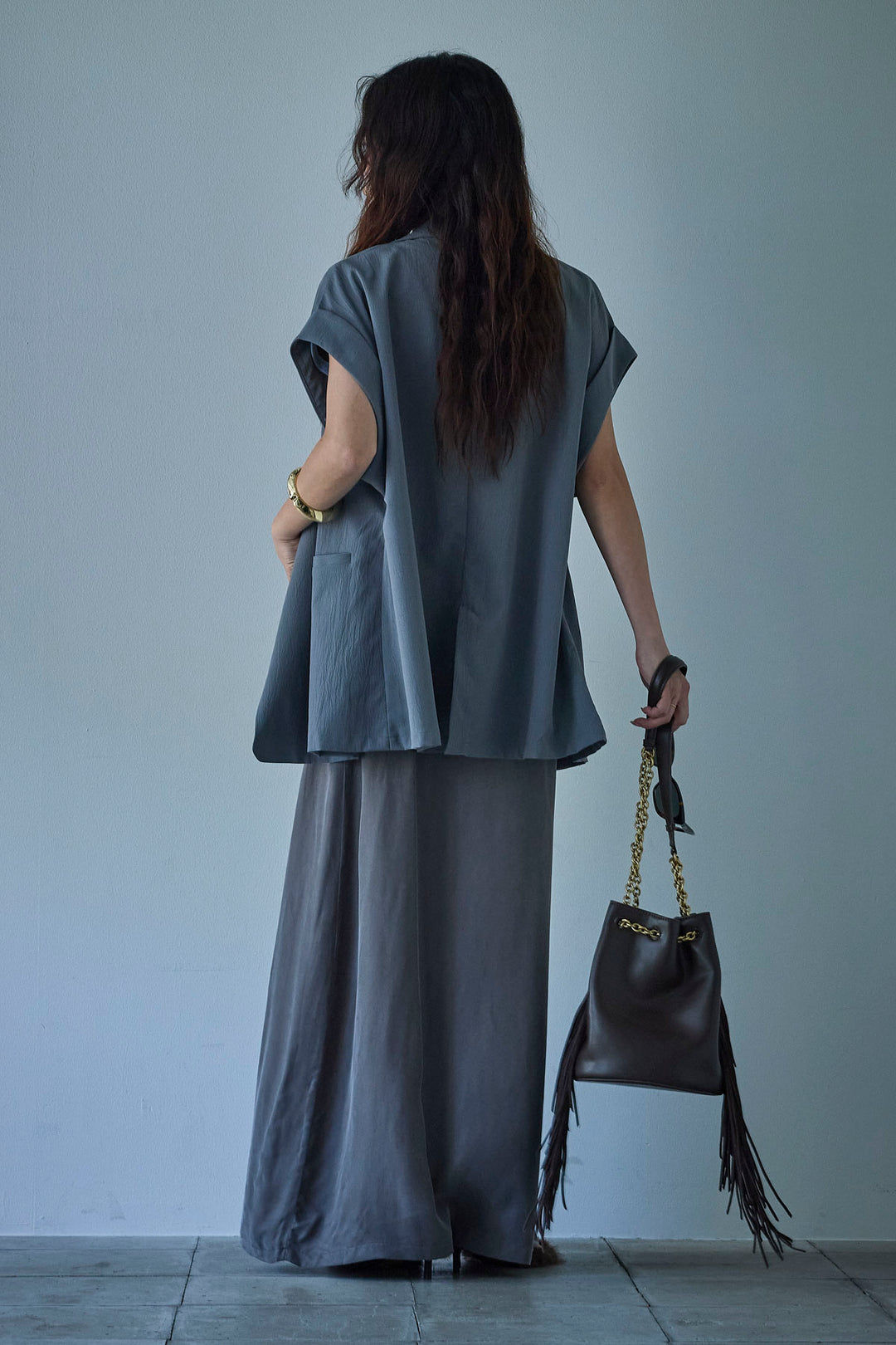 [予約/SET]クレープノースリーブダブルジレ+とろみ切り替えナロースカート(2set)