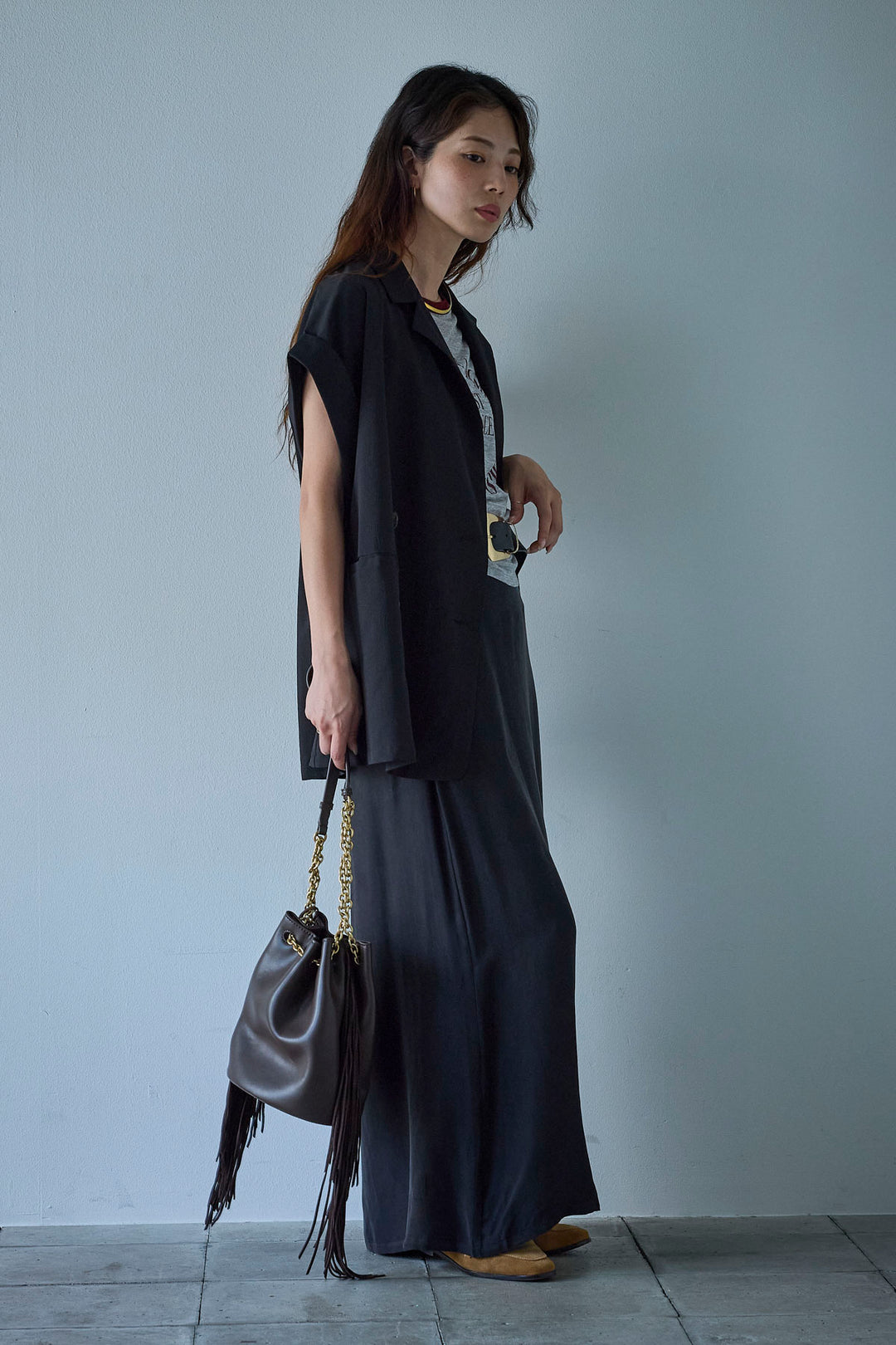 [予約/SET]クレープノースリーブダブルジレ+とろみ切り替えナロースカート(2set)