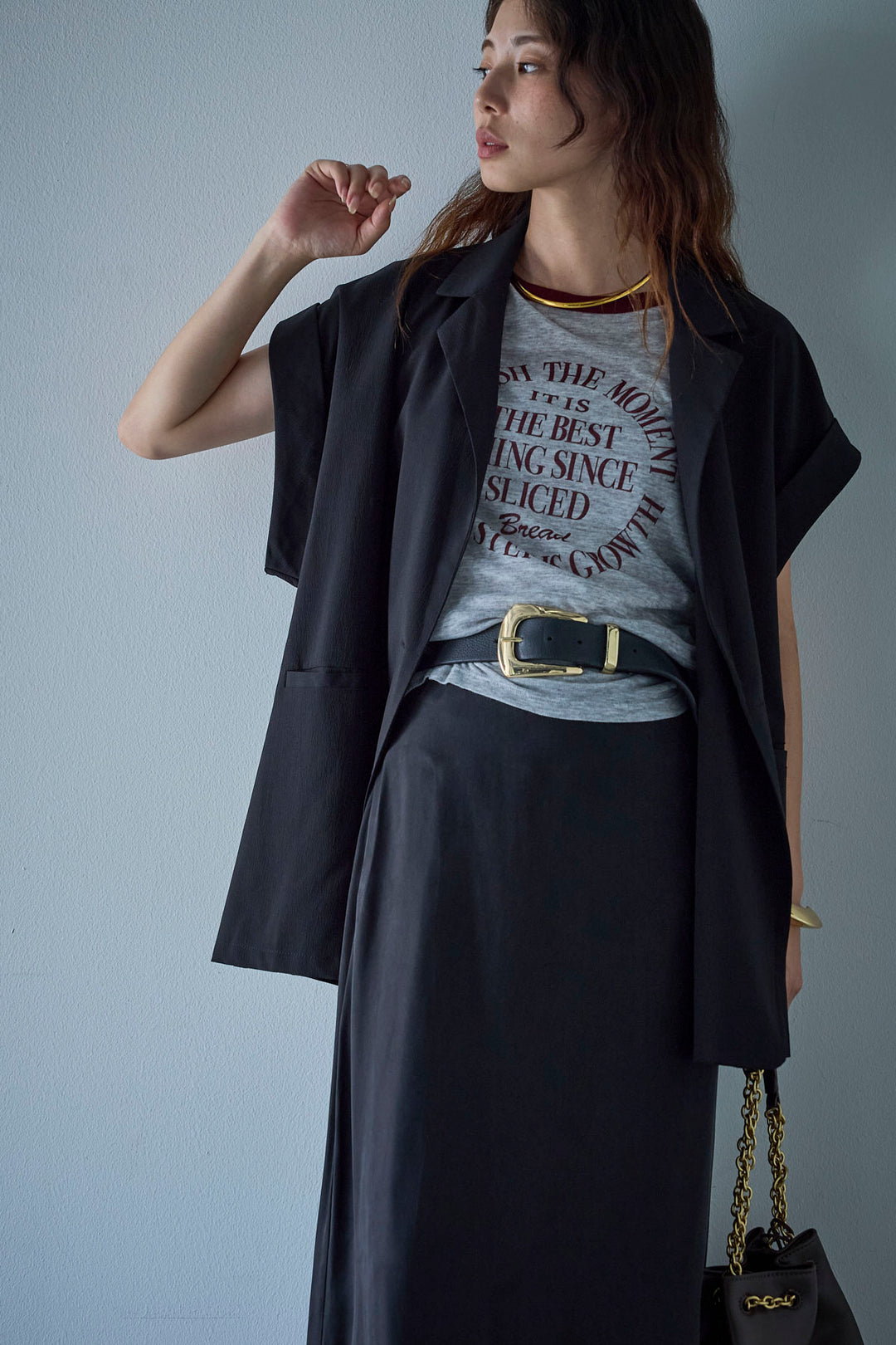 [予約/SET]クレープノースリーブダブルジレ+とろみ切り替えナロースカート(2set)