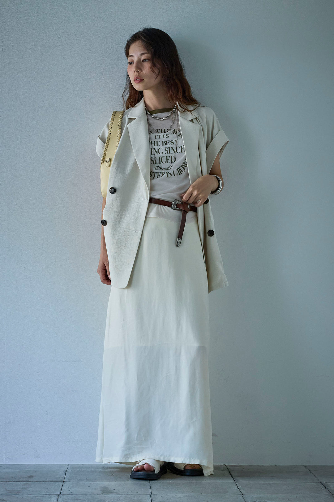 [予約/SET]クレープノースリーブダブルジレ+とろみ切り替えナロースカート(2set)