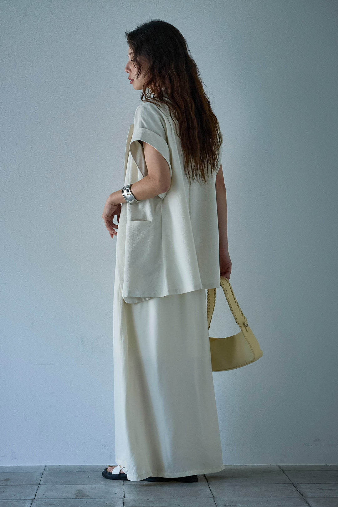 [予約/SET]クレープノースリーブダブルジレ+とろみ切り替えナロースカート(2set)