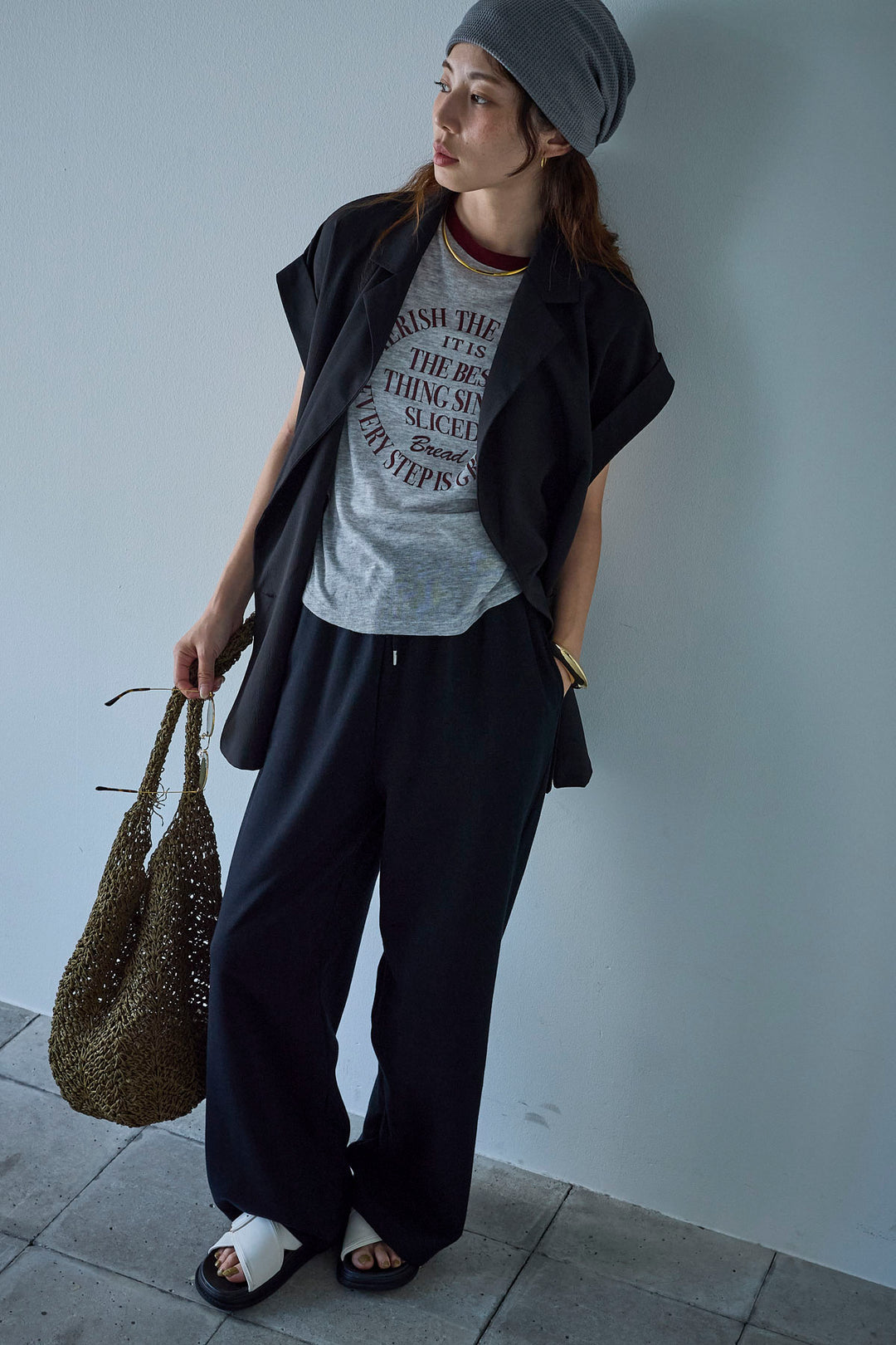 [予約/SET]クレープノースリーブダブルジレ+裏毛ワイドパンツ(2set)