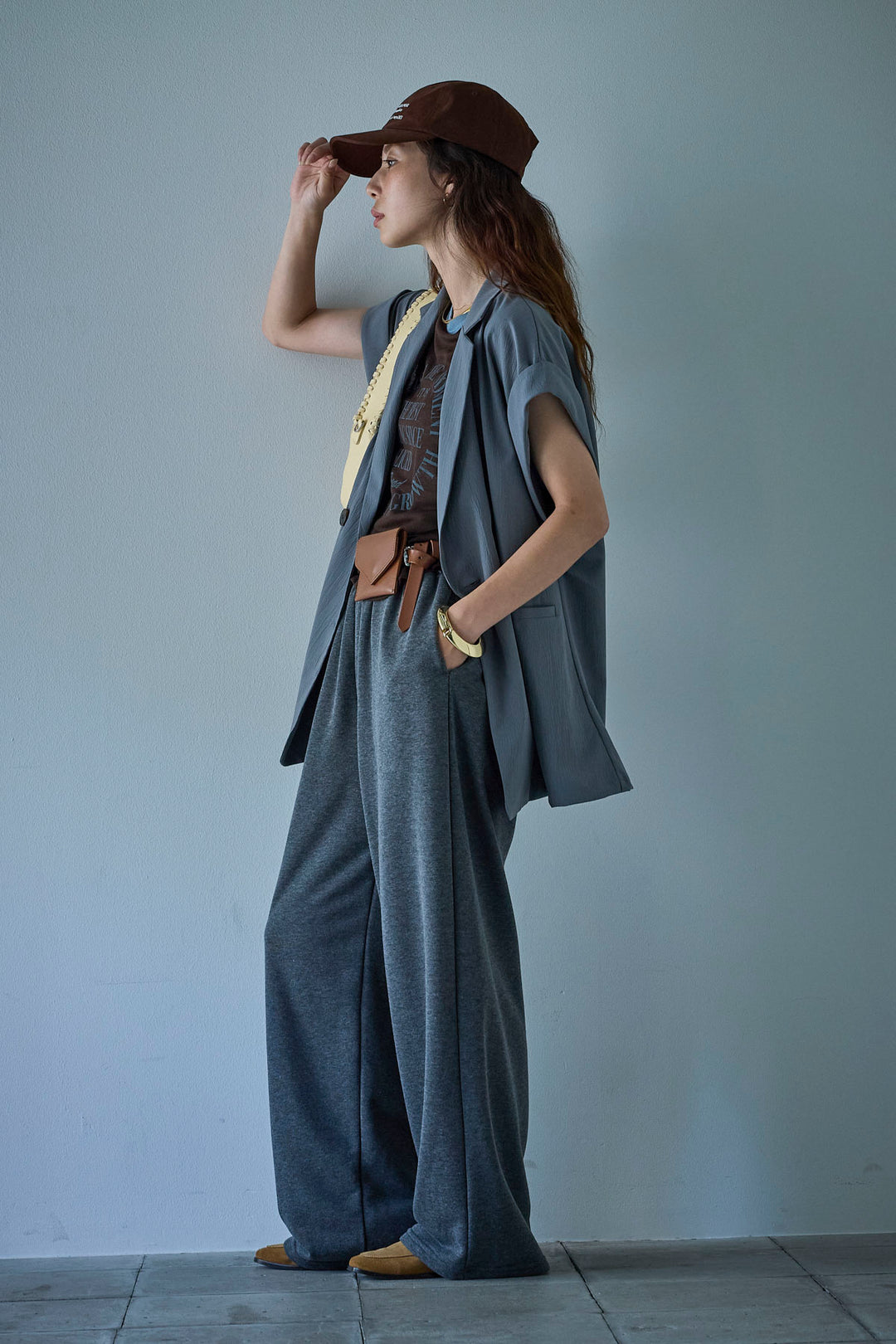 [予約/SET]クレープノースリーブダブルジレ+シアーリンガーロゴT+裏毛ワイドパンツ(3set)