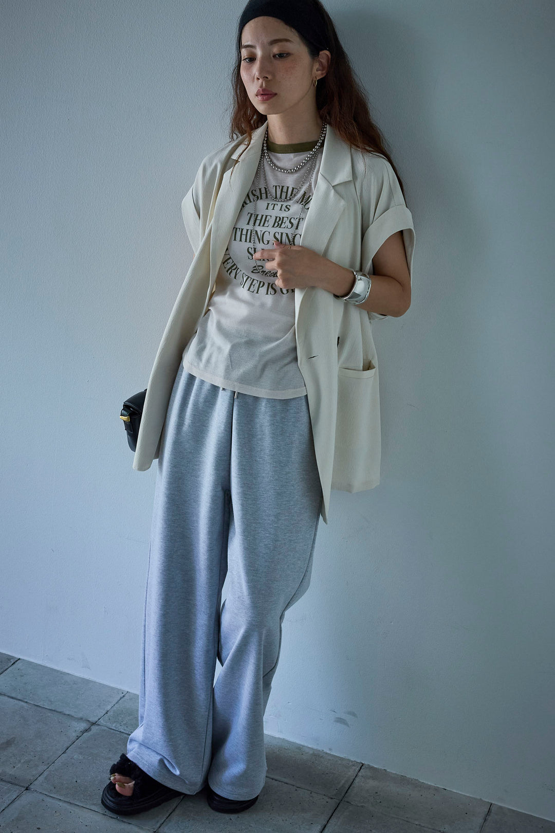 [予約/SET]クレープノースリーブダブルジレ+シアーリンガーロゴT+裏毛ワイドパンツ(3set)