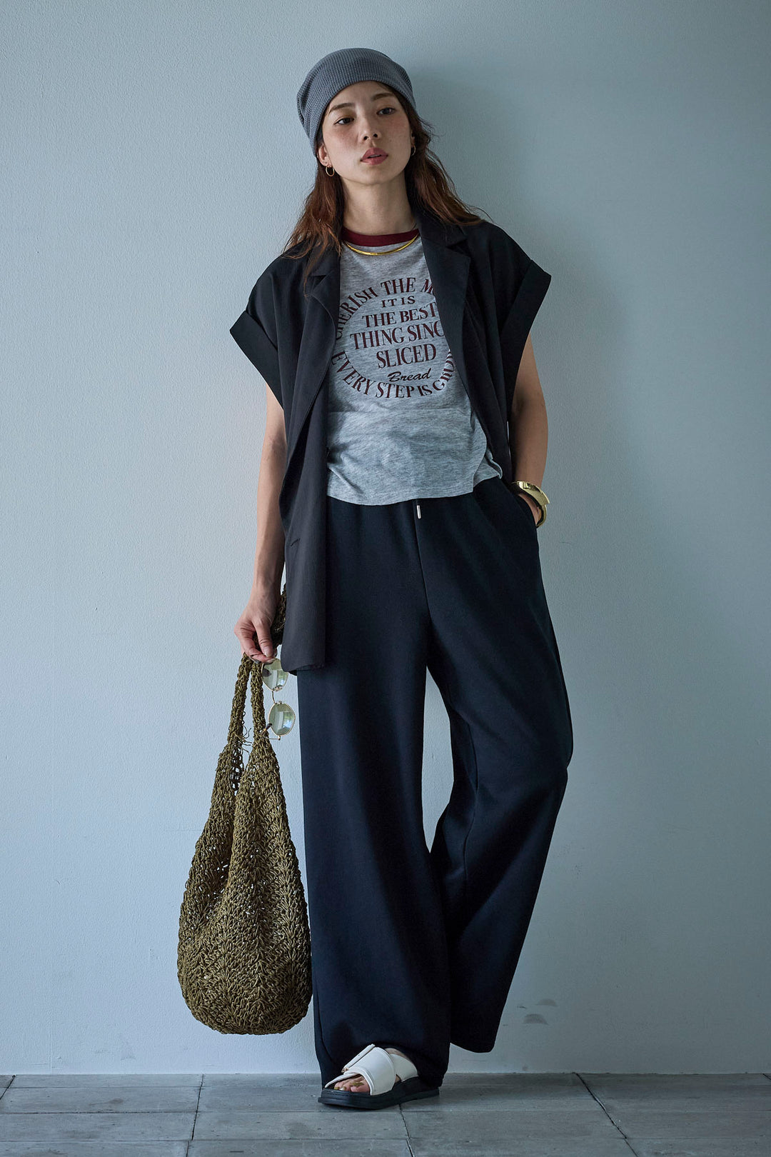 [予約/SET]クレープノースリーブダブルジレ+シアーリンガーロゴT+裏毛ワイドパンツ(3set)