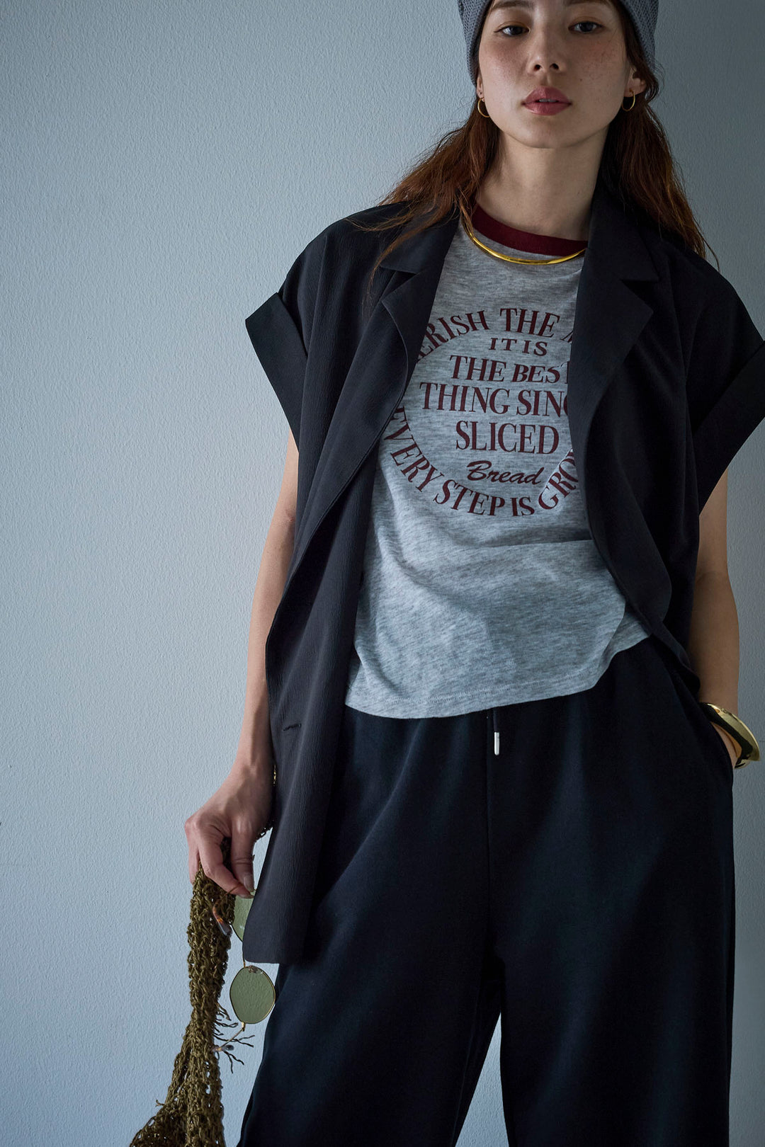 [予約/SET]クレープノースリーブダブルジレ+裏毛ワイドパンツ(2set)