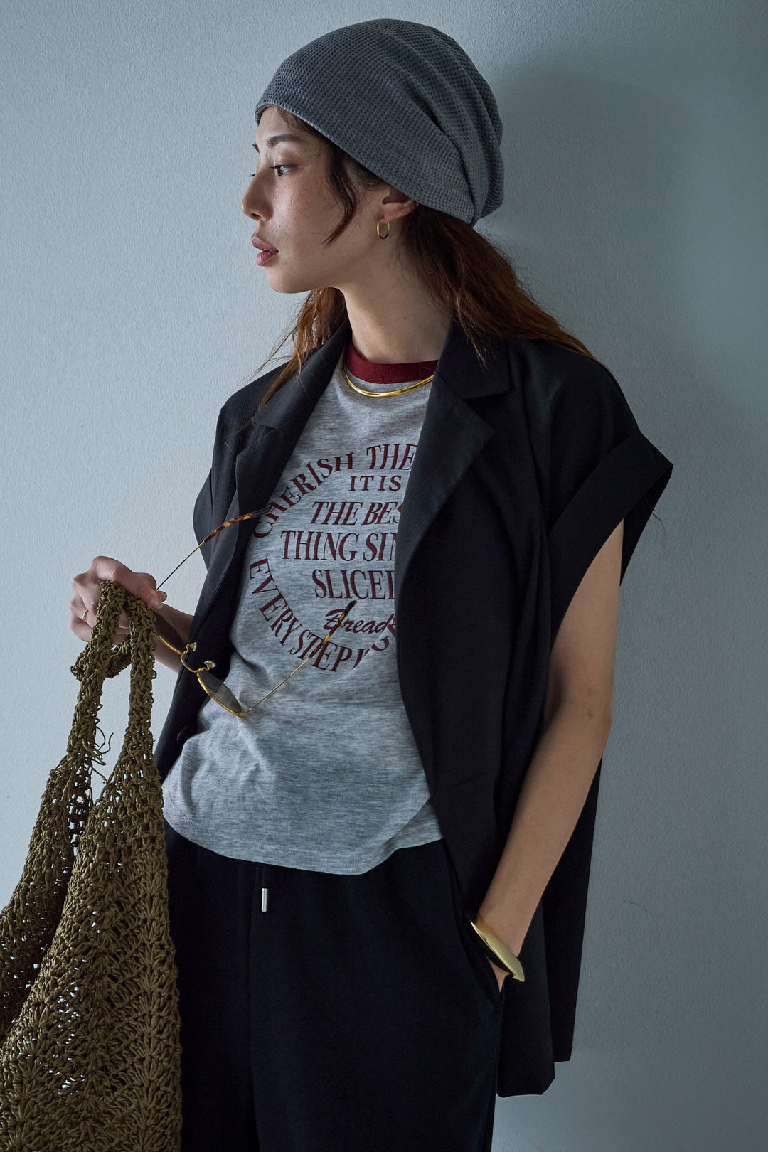 [予約/SET]クレープノースリーブダブルジレ+シアーリンガーロゴT+裏毛ワイドパンツ(3set)