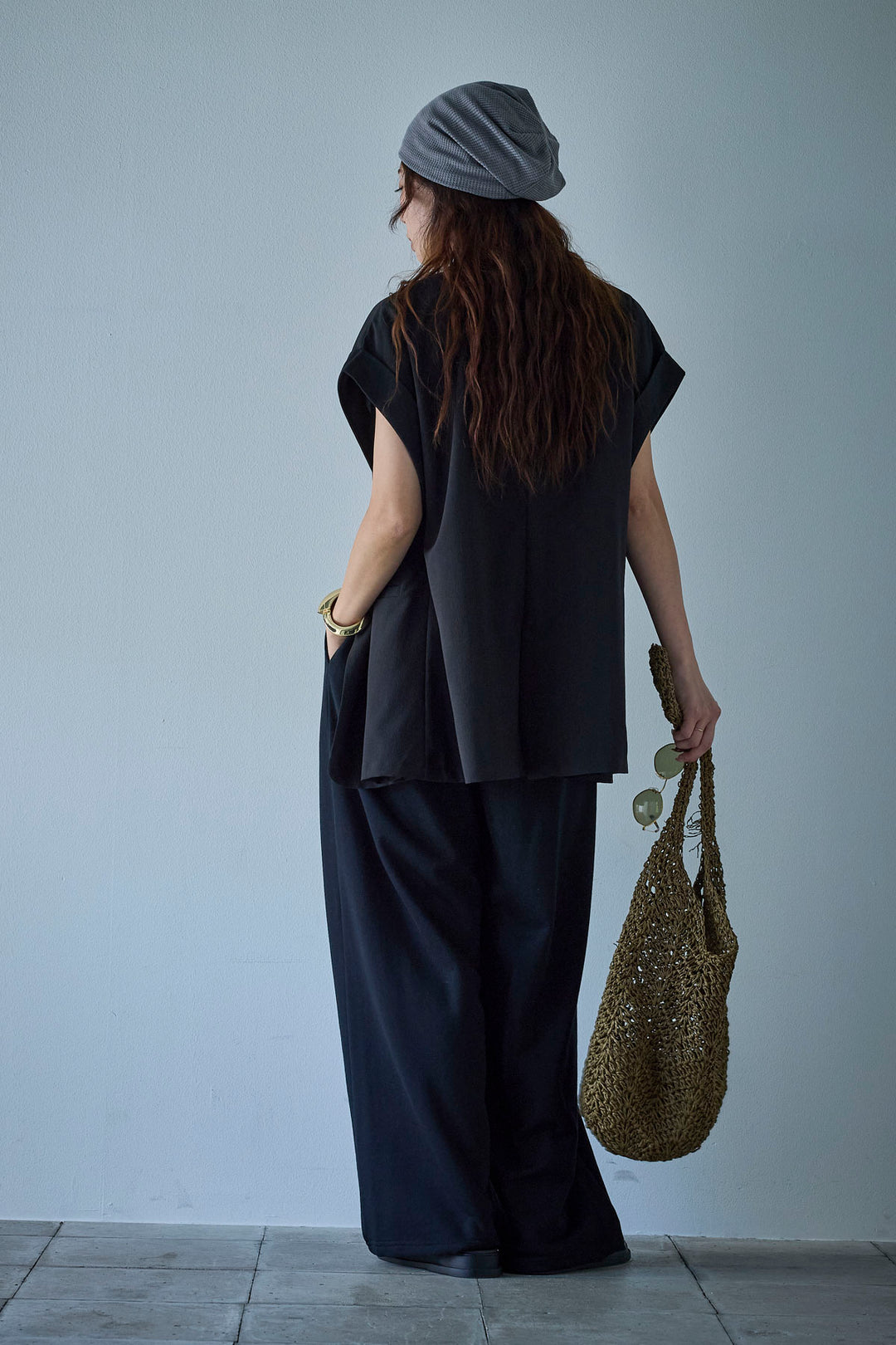 [予約/SET]クレープノースリーブダブルジレ+裏毛ワイドパンツ(2set)