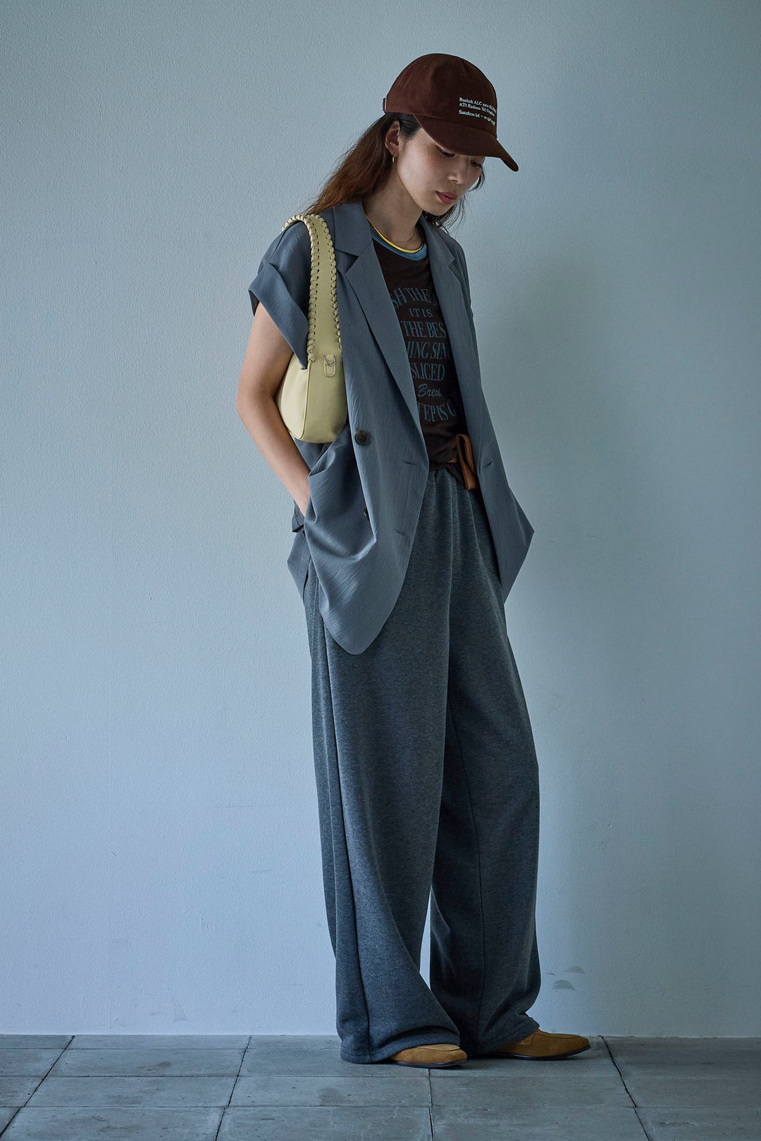 [予約/SET]クレープノースリーブダブルジレ+シアーリンガーロゴT+裏毛ワイドパンツ(3set)