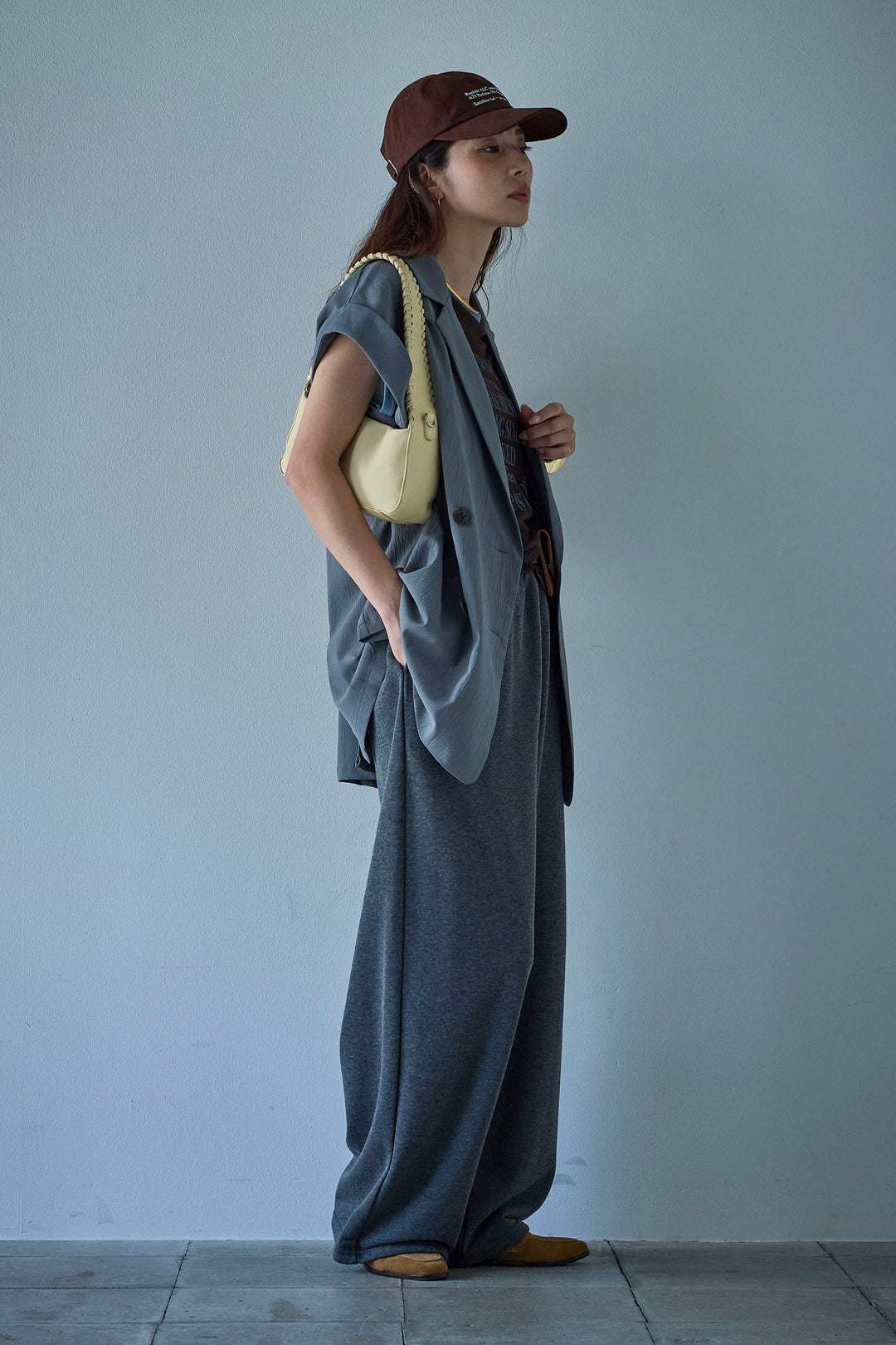 [予約/SET]クレープノースリーブダブルジレ+裏毛ワイドパンツ(2set)