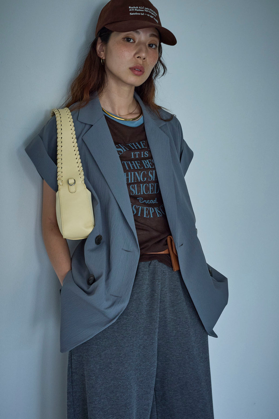 [予約/SET]クレープノースリーブダブルジレ+シアーリンガーロゴT+裏毛ワイドパンツ(3set)