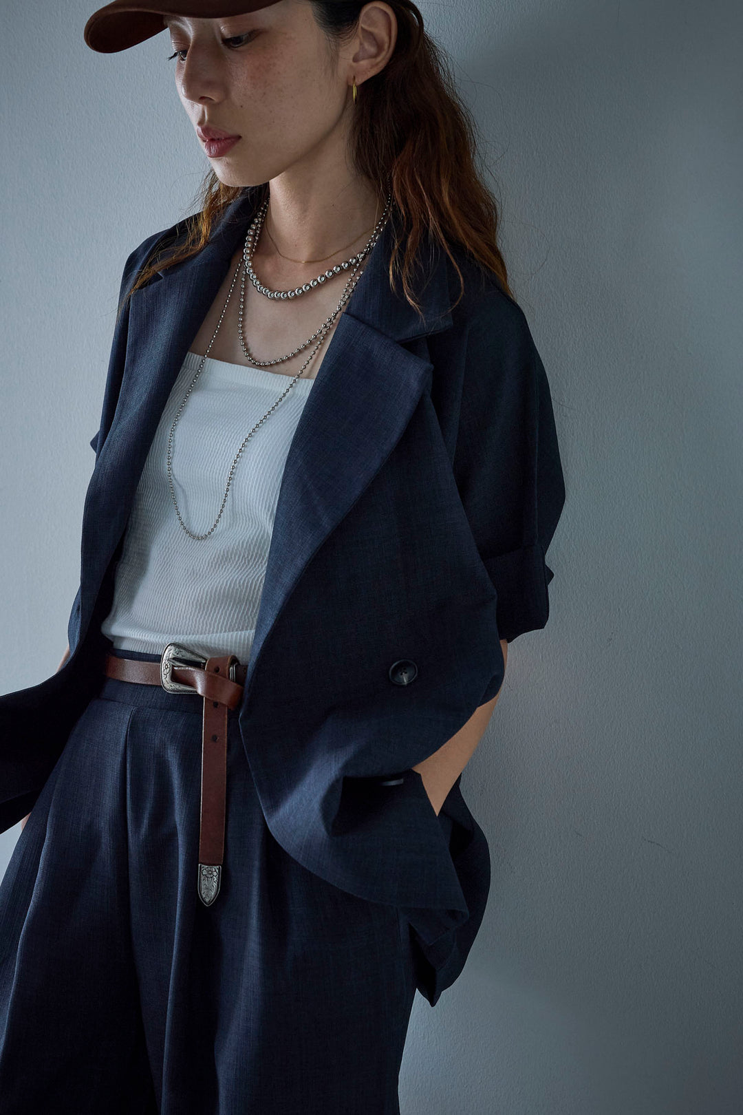 [予約/SET]サマースラブツイードハーフスリーブテーラードジャケット+サマースラブツイードタック入りワイドパンツ(2set)