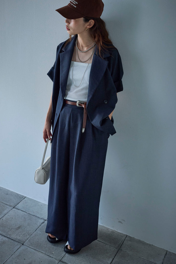 [予約/SET]サマースラブツイードハーフスリーブテーラードジャケット+サマースラブツイードタック入りワイドパンツ(2set)