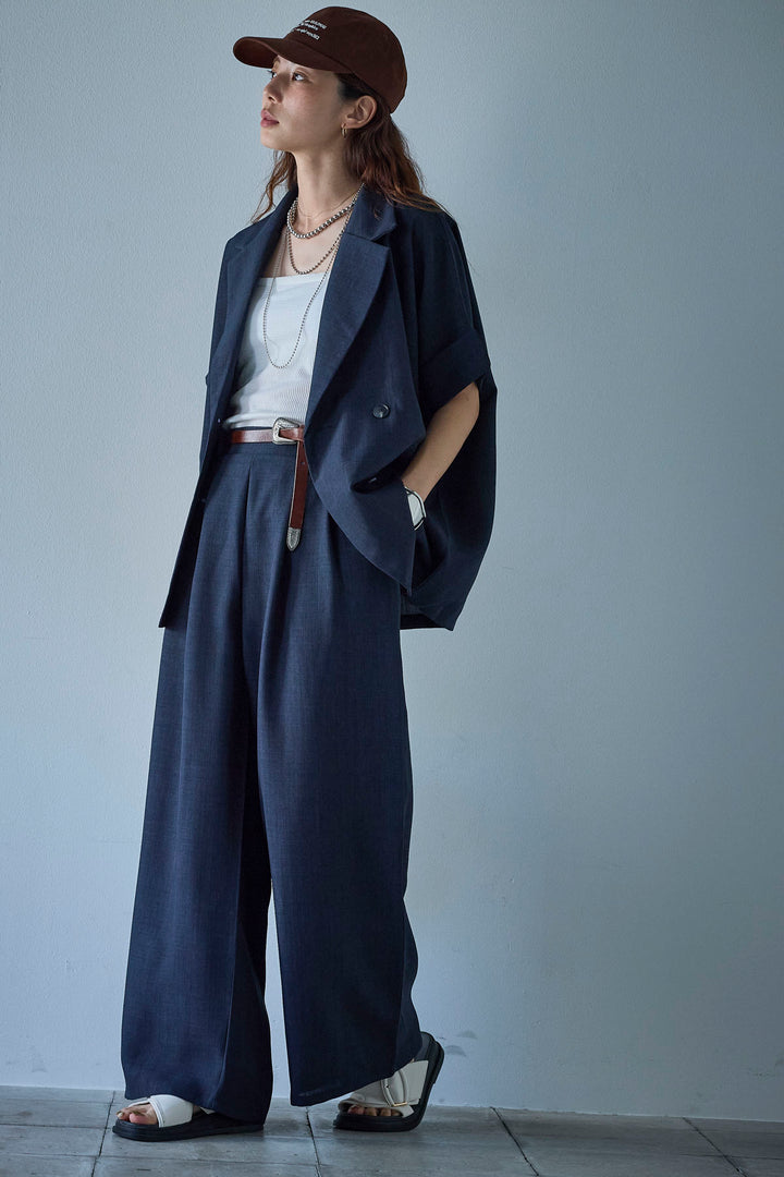 [予約/SET]サマースラブツイードハーフスリーブテーラードジャケット+サマースラブツイードタック入りワイドパンツ(2set)