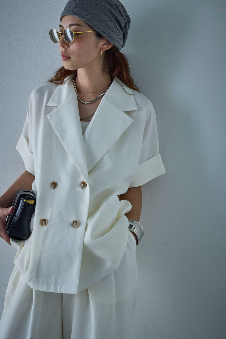 [予約/SET]サマースラブツイードハーフスリーブテーラードジャケット+サマースラブツイードタック入りワイドパンツ(2set)