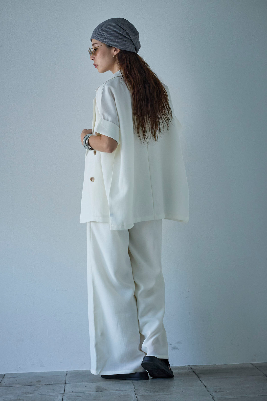 [予約/SET]サマースラブツイードハーフスリーブテーラードジャケット+サマースラブツイードタック入りワイドパンツ(2set)