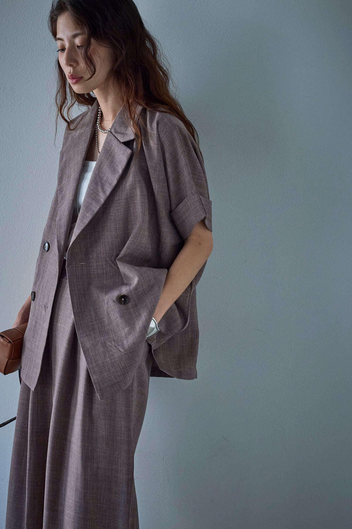 ハーフスリーブツイードジャケット セール】ハーフスリーブツイードシェイプジャケット（ノーカラー