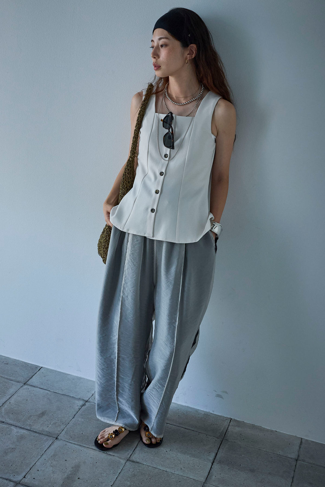 [予約/SET]ノースリーブフロントボタントップス+シアーレイヤードサイドラインパンツ(2set)