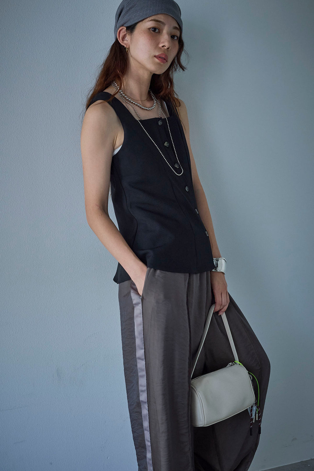 [予約/SET]ノースリーブフロントボタントップス+シアーレイヤードサイドラインパンツ(2set)