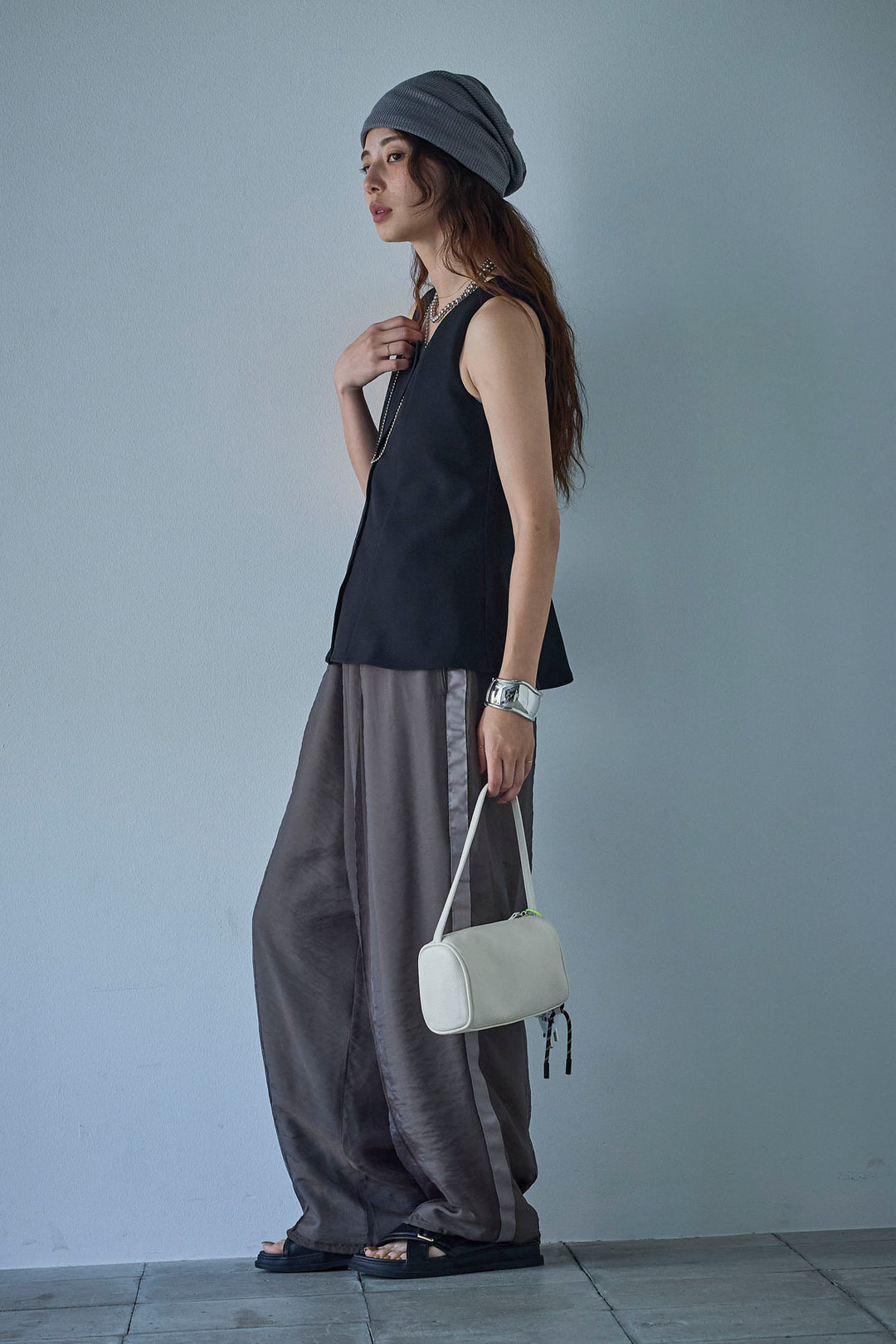 [予約/SET]ノースリーブフロントボタントップス+シアーレイヤードサイドラインパンツ(2set)