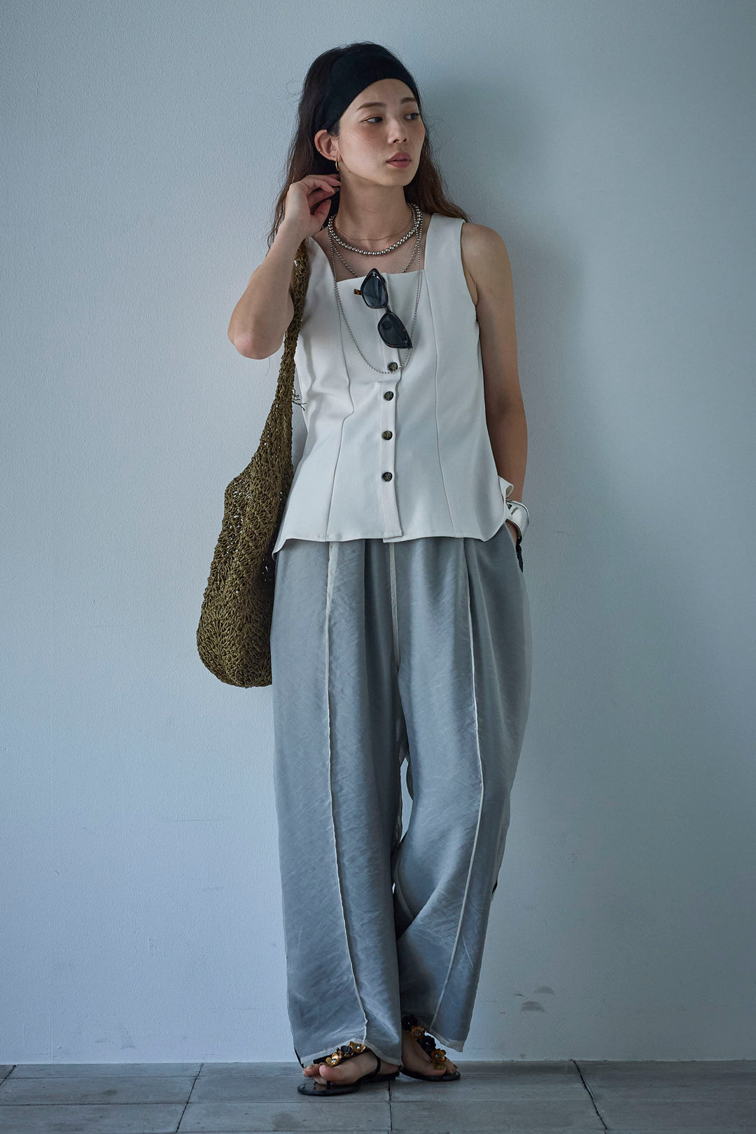 [予約/SET]ノースリーブフロントボタントップス+シアーレイヤードサイドラインパンツ(2set)