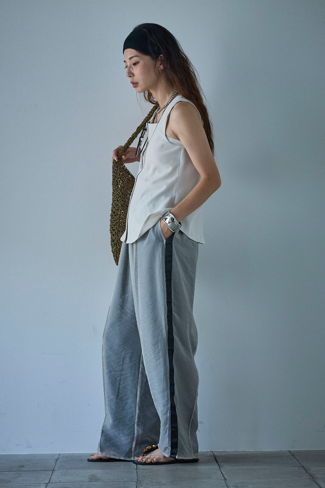 [予約/SET]ノースリーブフロントボタントップス+シアーレイヤードサイドラインパンツ(2set)