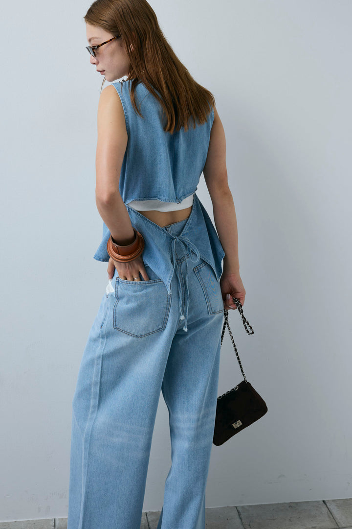 [予約/SET]Vネックバックリボンデニムトップス+デニムルーズポケットパンツ(2set)