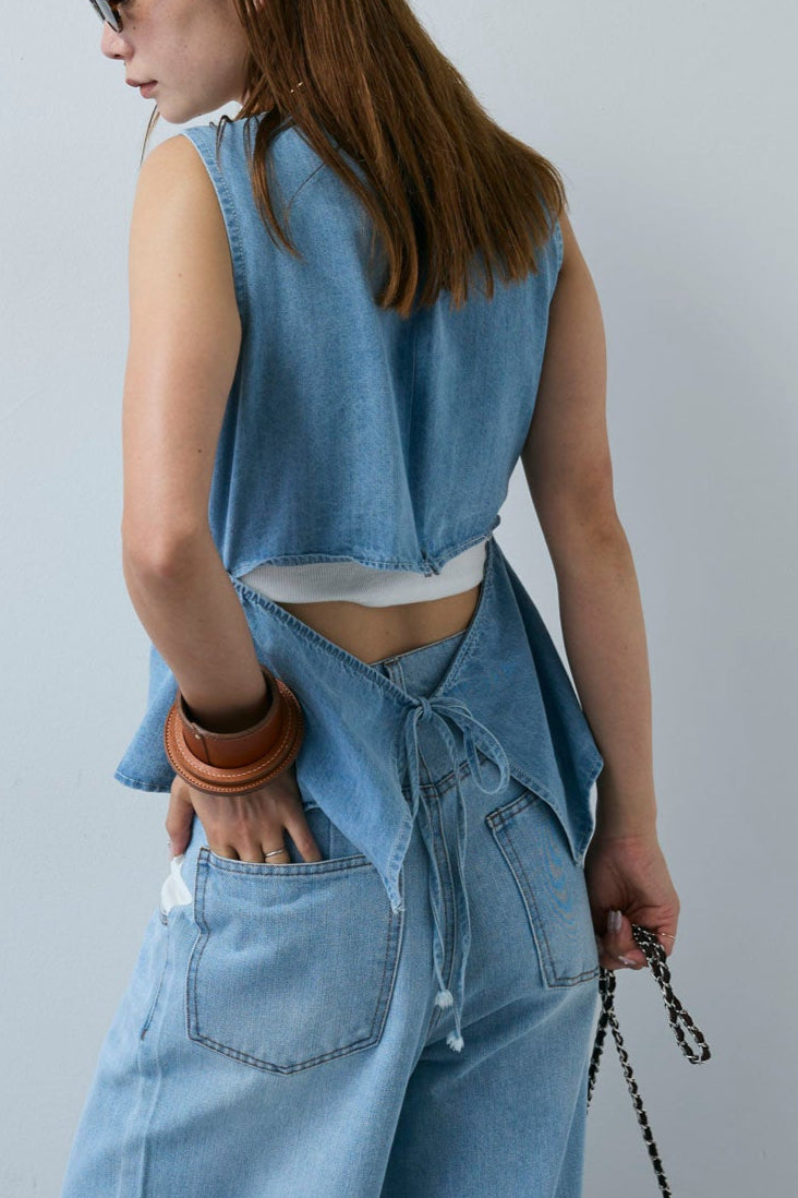 [予約]Vネックバックリボンデニムトップス