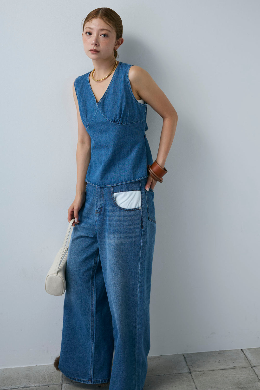 [予約/SET]Vネックバックリボンデニムトップス+デニムルーズポケットパンツ(2set)