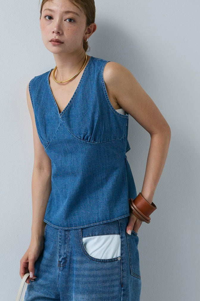 [予約]Vネックバックリボンデニムトップス