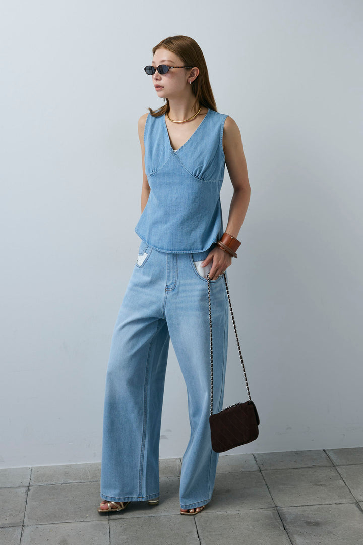 [予約]Vネックバックリボンデニムトップス