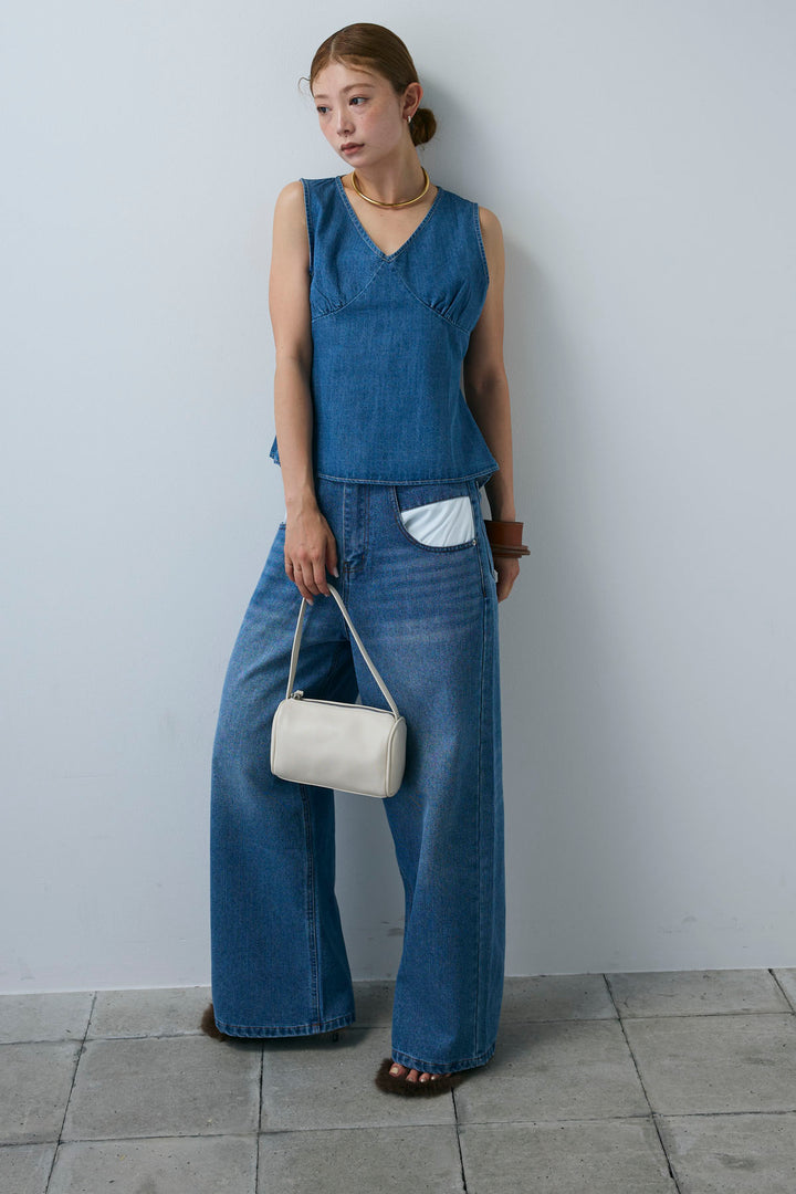 [予約/SET]Vネックバックリボンデニムトップス+デニムルーズポケットパンツ(2set)