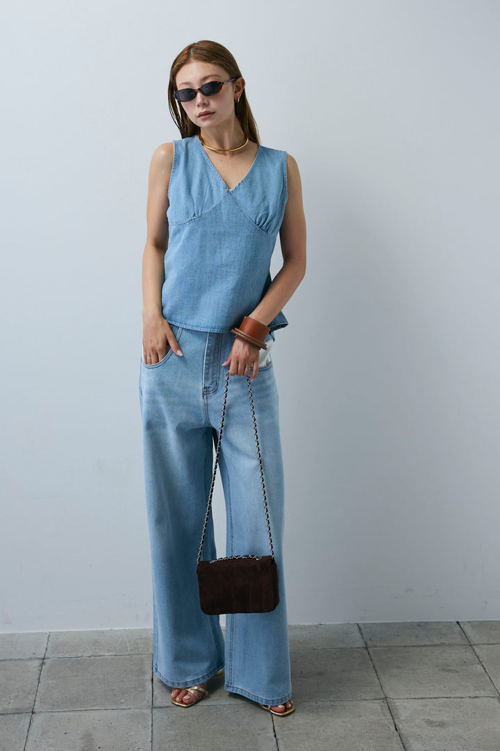 [予約/SET]Vネックバックリボンデニムトップス+デニムルーズポケットパンツ(2set)