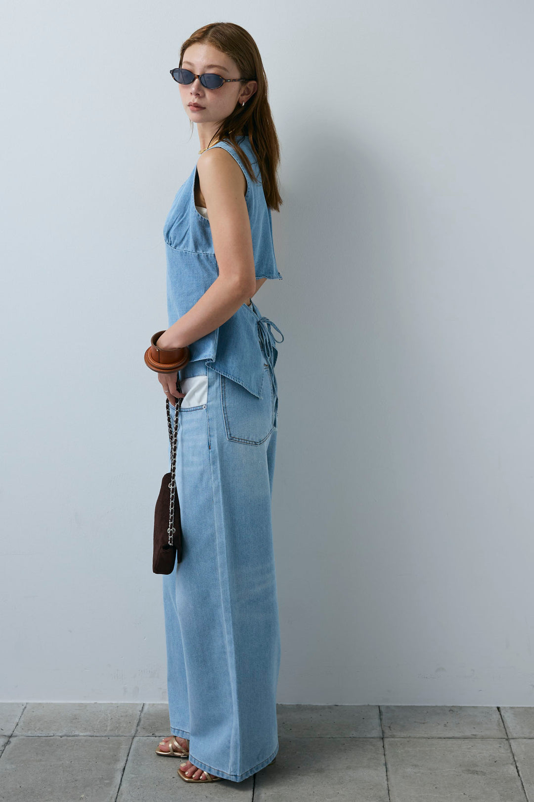 [予約/SET]Vネックバックリボンデニムトップス+デニムルーズポケットパンツ(2set)