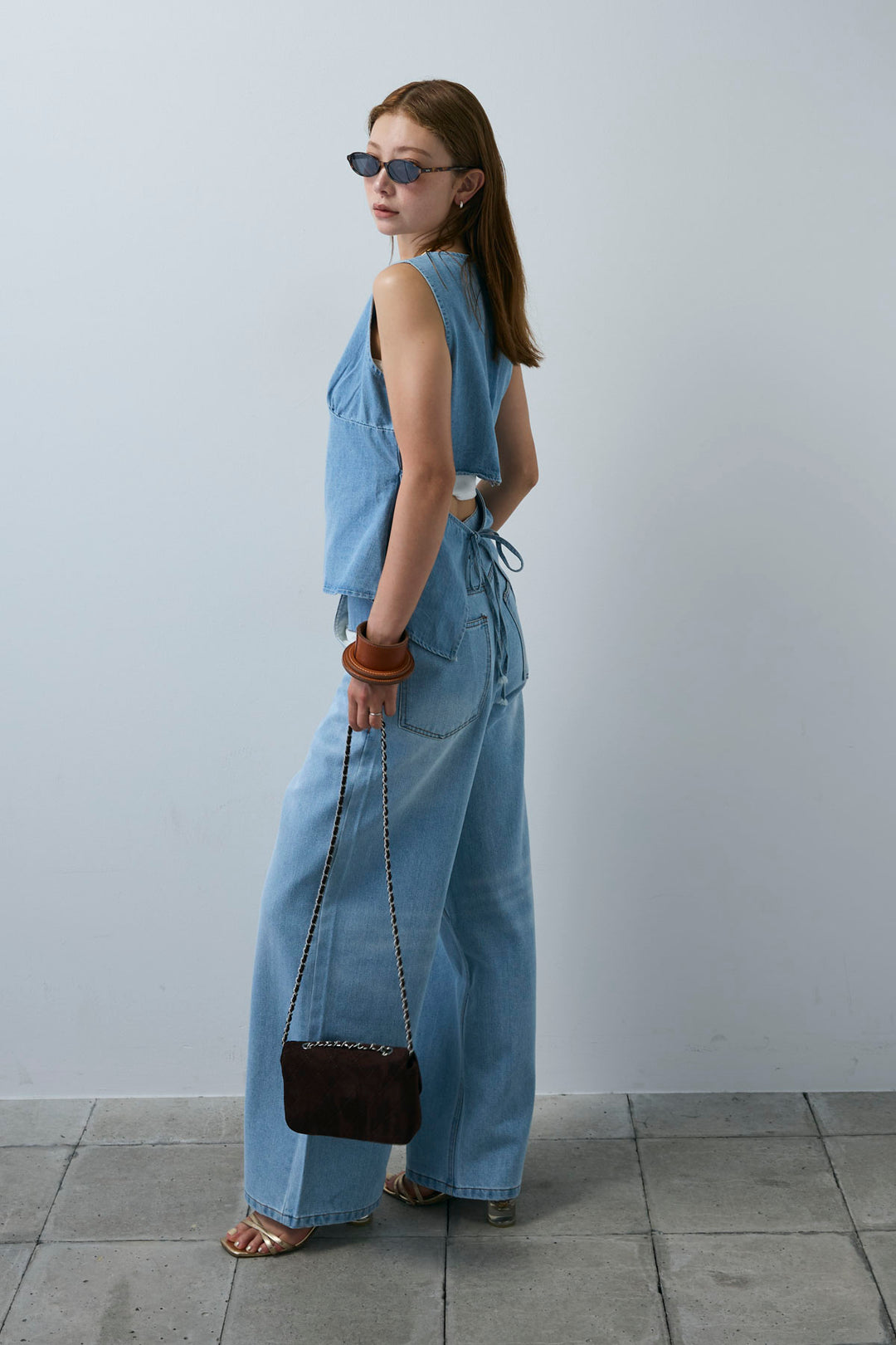 [予約/SET]Vネックバックリボンデニムトップス+デニムルーズポケットパンツ(2set)