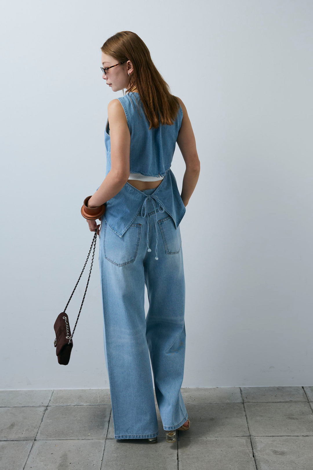 [予約/SET]Vネックバックリボンデニムトップス+デニムルーズポケットパンツ(2set)