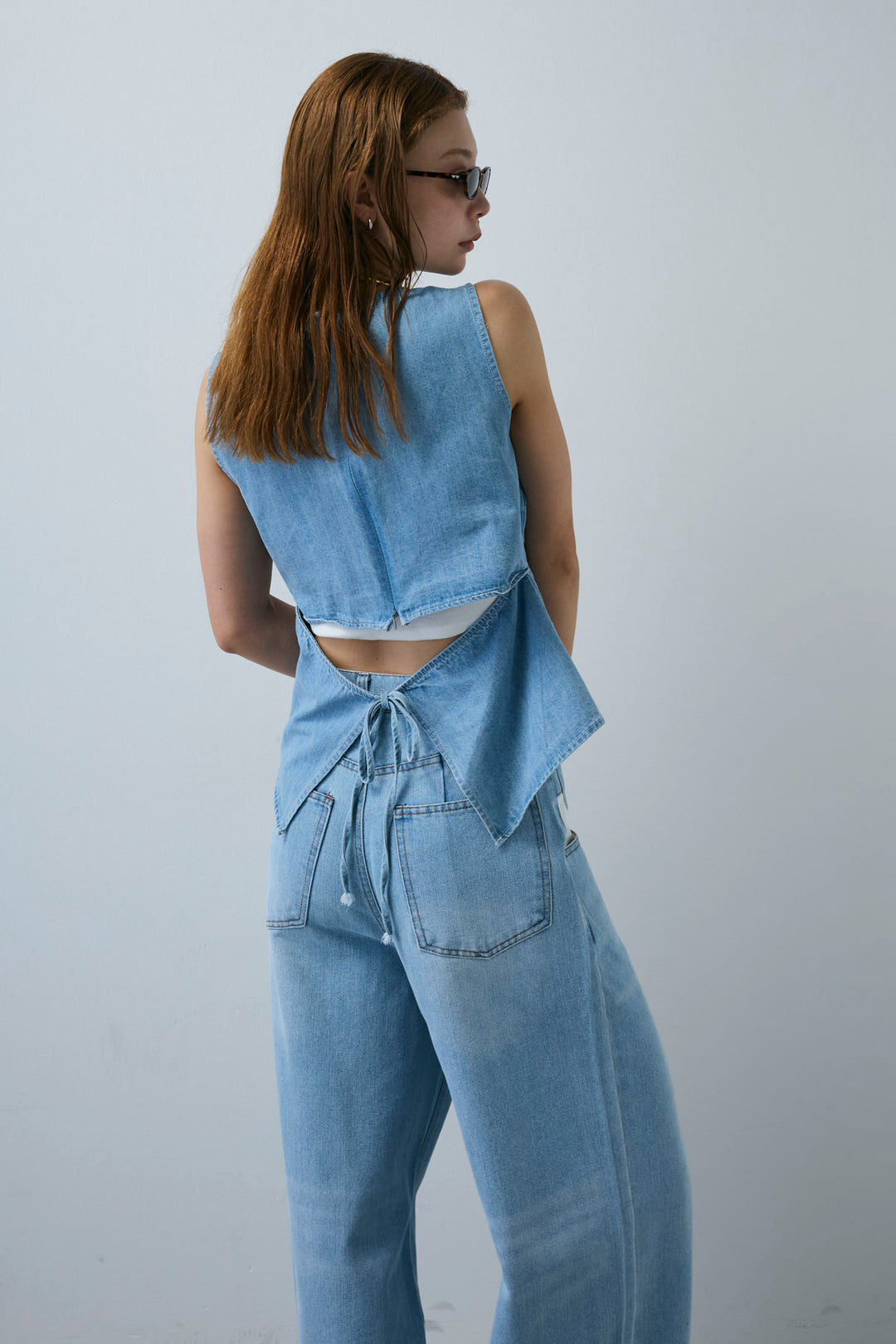 [予約/SET]Vネックバックリボンデニムトップス+デニムルーズポケットパンツ(2set)