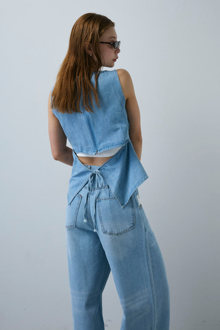 [予約/SET]Vネックバックリボンデニムトップス+デニムルーズポケットパンツ(2set)