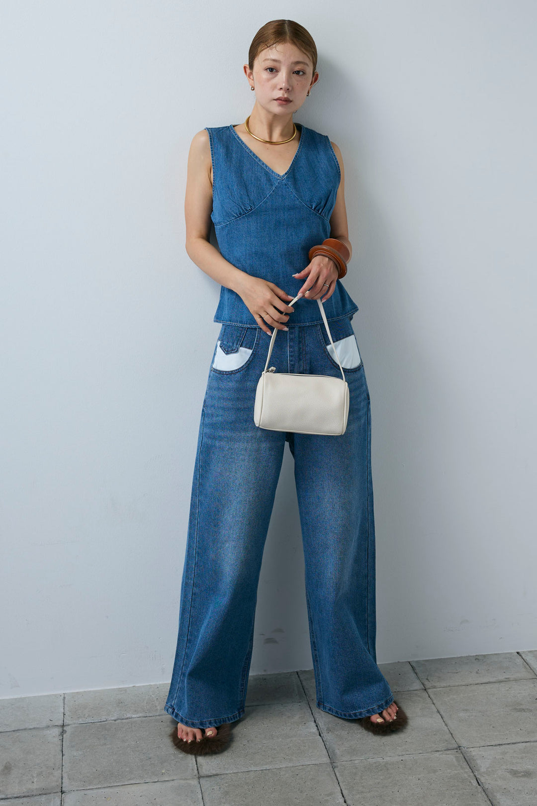 [予約/SET]Vネックバックリボンデニムトップス+デニムルーズポケットパンツ(2set)