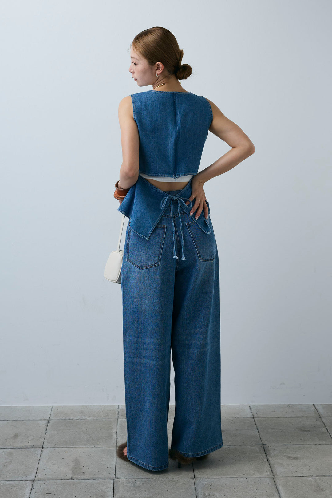 [予約/SET]Vネックバックリボンデニムトップス+デニムルーズポケットパンツ(2set)