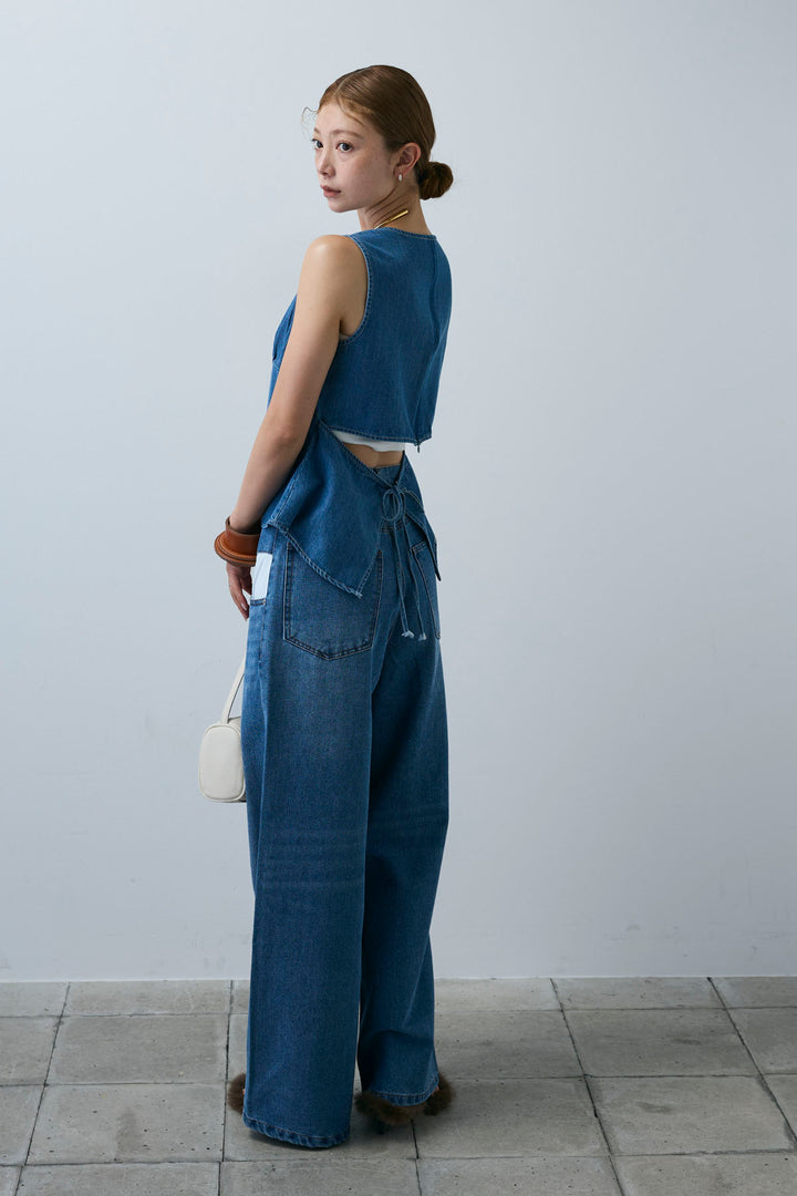 [予約/SET]Vネックバックリボンデニムトップス+デニムルーズポケットパンツ(2set)