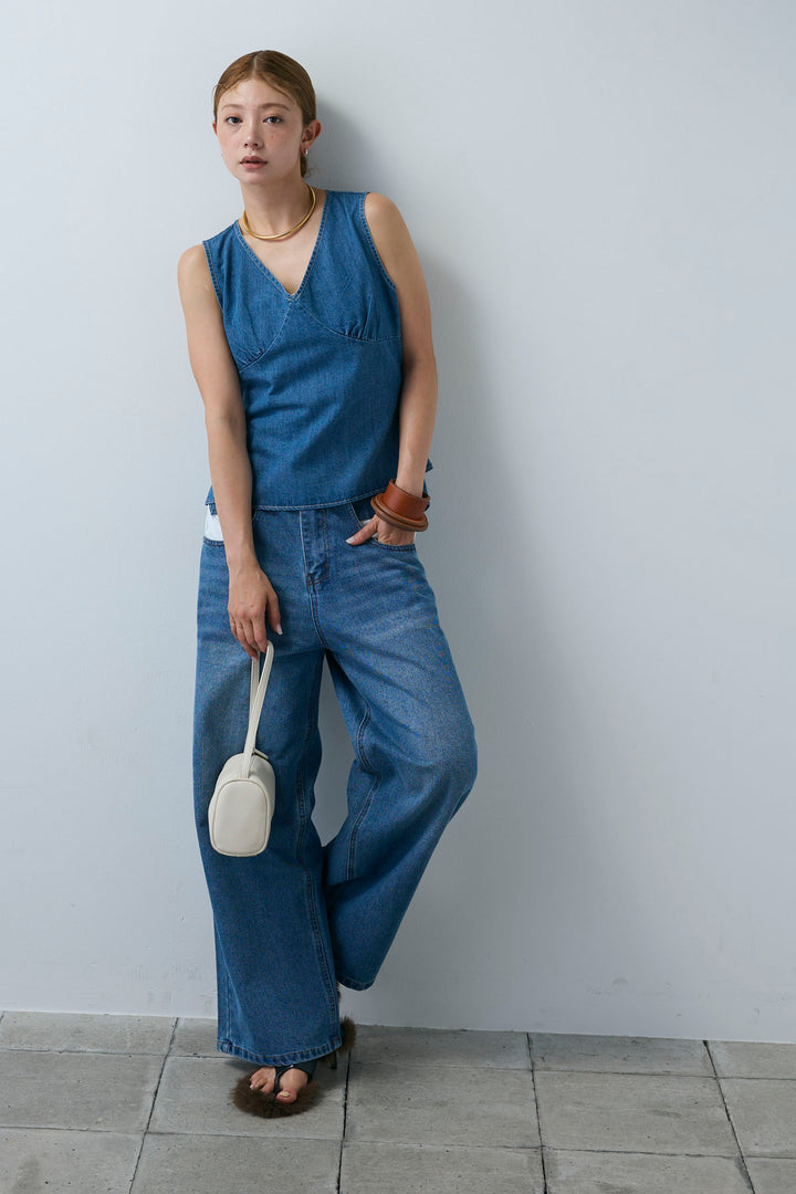 [予約/SET]Vネックバックリボンデニムトップス+デニムルーズポケットパンツ(2set)